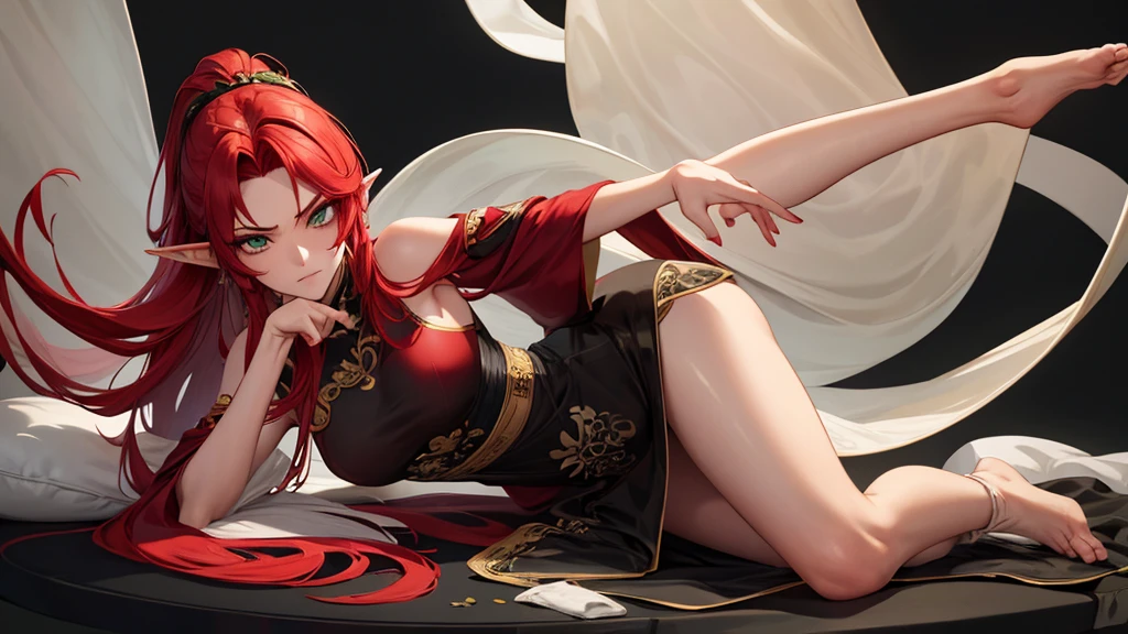 (red-crimson hair) elf ears, freckles, Adult woman, sculpted body, Super detailed hand, super detailed face, Hyper detailed body, (emerald green eyes), Big breasts, concentrated eyes, Quite detailed eyes, pale skin, Flushed face, (( in a long black Chinese dress)), Body hair longo, Body hair (connected), serious expression, Frowning eyes, partes do full body, Whole limbs, ((full body)), Gorgeous fur, A high resolution, 4K, Thin waist, small foot, role model, best quality specialist,  (long black sock), good lighting, simple background, darkness background