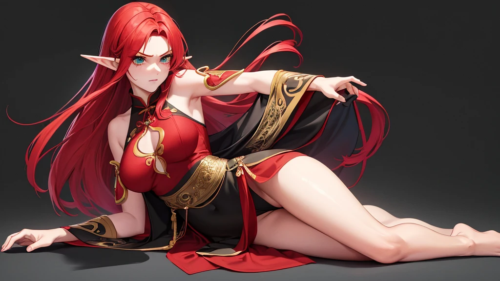 (red-crimson hair) elf ears, freckles, Adult woman, sculpted body, Super detailed hand, super detailed face, Hyper detailed body, (emerald green eyes), Big breasts, concentrated eyes, Quite detailed eyes, pale skin, Flushed face, (( in a long black Chinese dress)), Body hair longo, Body hair (connected), serious expression, Frowning eyes, partes do full body, Whole limbs, ((full body)), Gorgeous fur, A high resolution, 4K, Thin waist, small foot, role model, best quality specialist,  (long black sock), good lighting, simple background, darkness background