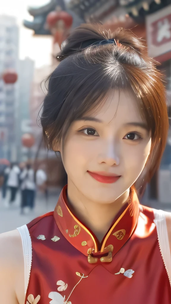 (Realistic: 1.4), (Highest quality: 1.4), Ultra-high resolution, (fine grain),((Kung Fu Pose)),One Young Woman,Big Breasts,((Wearing a Chinese dress)),smile,Sunburn mark,Big eyes,Blushed,Highly detailed face and skin texture, Healthy Skin,(Chinatown),8K resolution