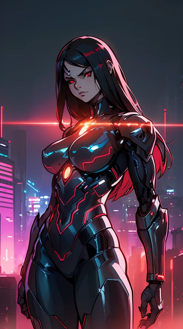 (best quality,ultra-detailed,realistic:1.37),woman cyborg,red eyes,evil,anime,huge ,sleek metallic body,expressionless face,glowing circuits,enormous energy blade,mechanical limbs,dystopian city backdrop,neon lights reflection,dark and ominous atmosphere