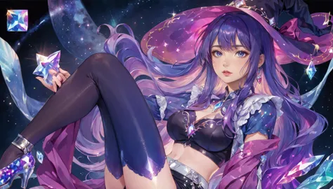 anime girl with purple hair and purple stockings, ((bare midriff,bare stomach,short shorts)),gloves anime fantasy illustration, ...