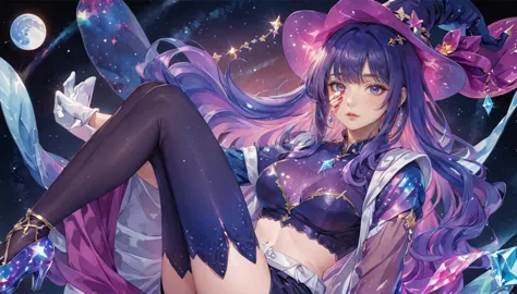 anime girl with purple hair and purple stockings, ((bare midriff,bare stomach,short shorts)),gloves anime fantasy illustration, ...