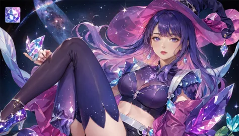 anime girl with purple hair and purple stockings, ((bare midriff,bare stomach,short shorts)),gloves anime fantasy illustration, ...