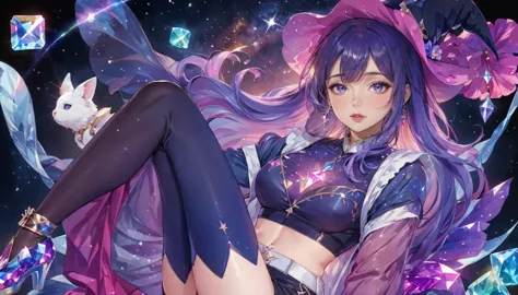 anime girl with purple hair and purple stockings, ((bare midriff,bare stomach,short shorts)),gloves anime fantasy illustration, ...