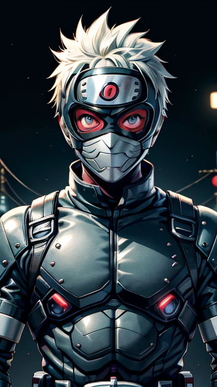 (8K),(obra maestra),(japonés),(Niño de 8 años),((mirada inocente)),((Infantil)),desde el frente,sonrisa,lindo,Inocente,ojos amables,pecho plano, Hatake kakashi,Kamen Rider,casco negro,black superhero mask,Camisa,sin cabello,Noche,dark, Luz de neón cyberpunk pueblo de Konoha