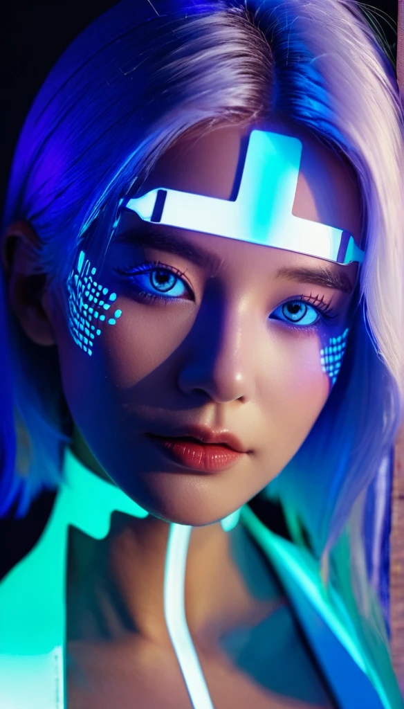 Woman with half cybernetic face with blue neon lights, white  hair 