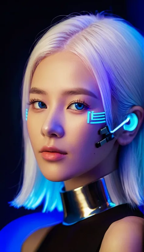 Woman with half cybernetic face with blue neon lights, white  hair 