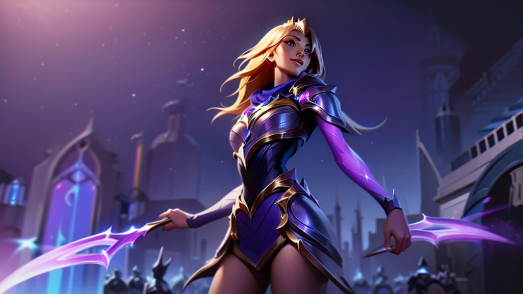 create the champion "Lux" from the game "League of Legends", but create a "skin" for her in the theme of the "congregation of witches" skin line, maintain characteristics of the game's champion, and include modifications to make sense with the "congregation of witches" skin line, with a dark setting, keep the champion's smile and blonde hair, use colors related to the skin line