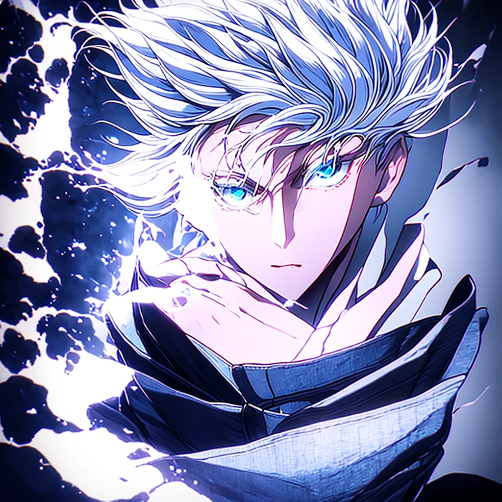 Gojou Satoru, 1boy, fullbody, white hair, blue eyes, looking at the viewer, high collar, black pants, facing viewer