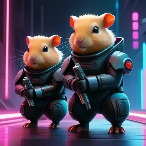 ASCIIdessin animé chef-d&#39;œuvre de deux (((cyberpunk))) capybaras mignons avec des fusils, bionique (Bras prothétique), yeux rouges brillants, ((futuriste, dystopique, couleurs néon)), Symétrique, très détaillé, peinture numérique, Station artistique, art conceptuel, netteté, illustration, éclairage volumétrique, composition épique, 8k, peinture à l&#39;huile, société cg