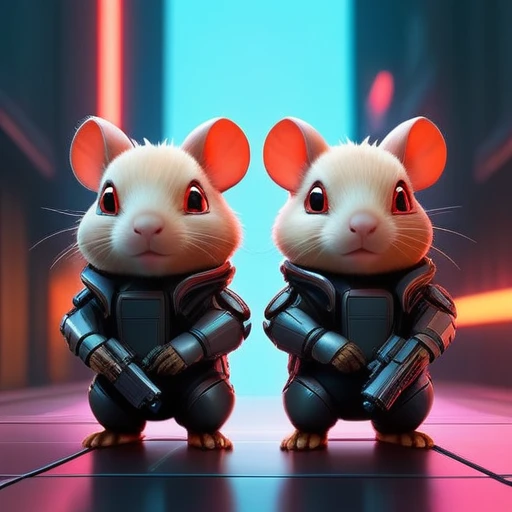 ASCIImasterpiece cartoon of two (((cyberpunk))) cute capybaras  with guns, bionic (prosthetic arm), glowing red eyes, ((futuristic, dystopian, neon colours)), symmetrical, highly detailed, digital painting, artstation, concept art, sharp focus, illustration, volumetric lighting, epic Composition, 8k, oil painting, cgsociety