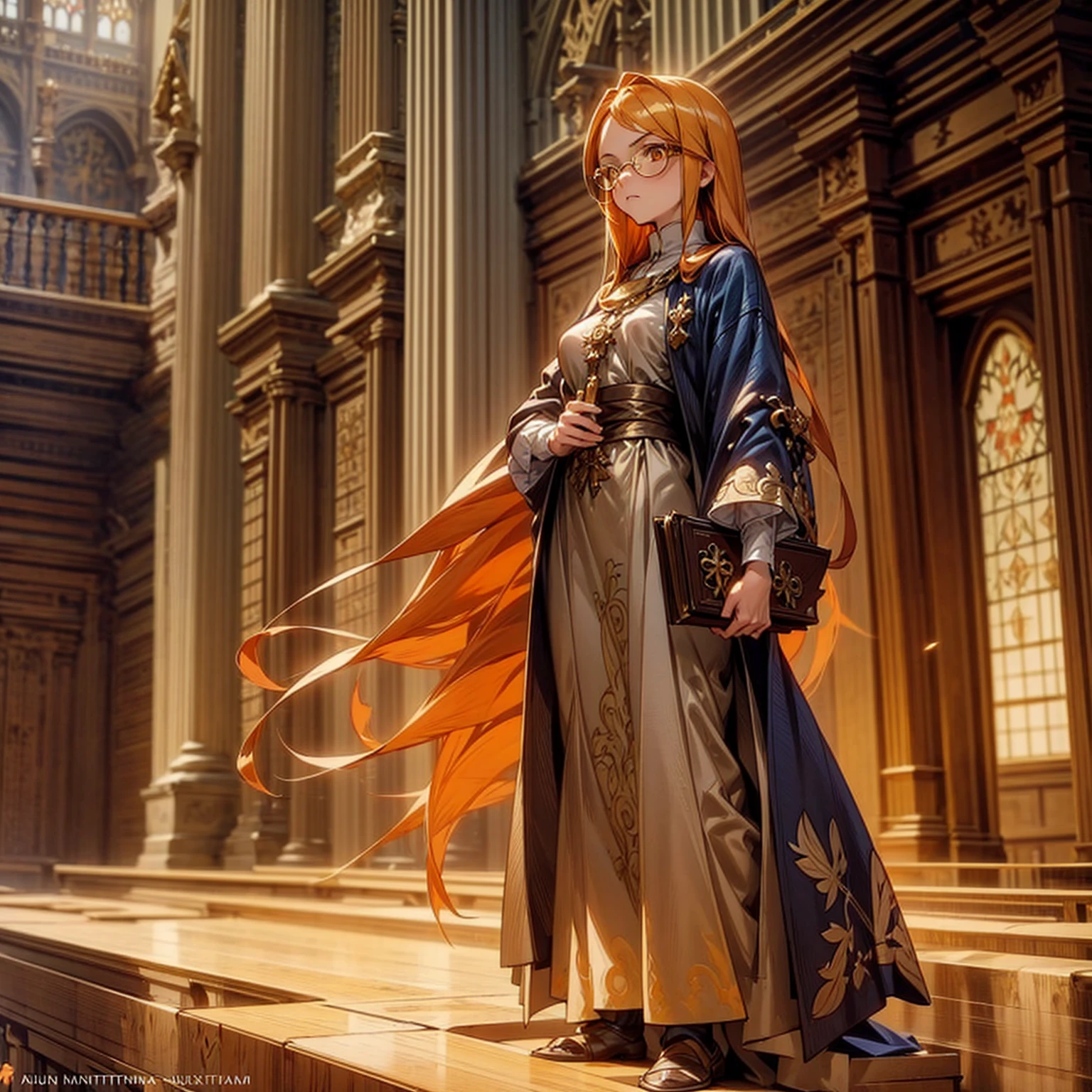 1girl, Full body version, 1character, girl version, almond eyes, long haircut, orange colour hair, sad eyes, glasses, medieval style clothing, gold book in hand, background in indoor Library castle, motion blur, (Hunter x Hunter art), standing gesture 