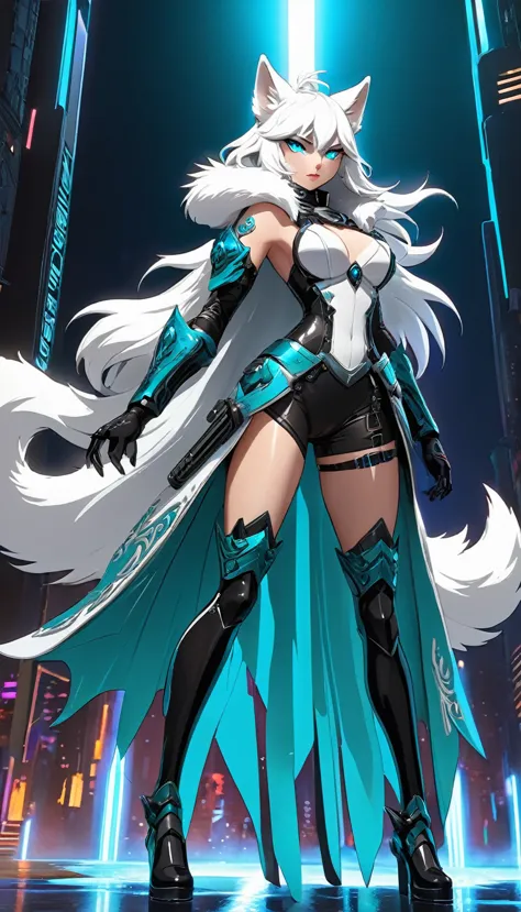 Anthro HD Anime Style, Highly Detailed White Wolf Mercenary Goddess, Beautifully Fierce and Elegant, Precision-engineered High-T...
