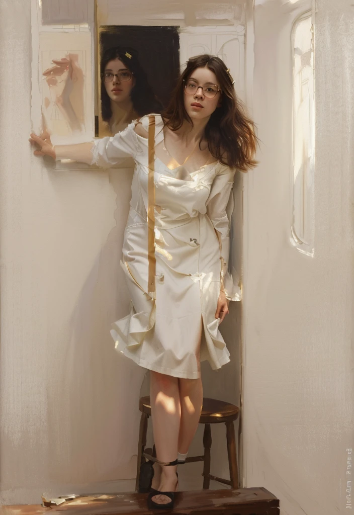 painting of a seated woman ((ONE WOMAN ONLY)) ((woman dressed in white)) modern dress, qctual, on a table with white glasses, Nick Alm, by Andrea Pozzo, Jeremy Lipking, range murata Jeremy Lipking, by Carlo Mense, inspired by Enrique Simonet, sargento marshénnikov, by Michael Ford, krenzcushart, Jeremy Lipking full length shot, by Josep Rovira Soler