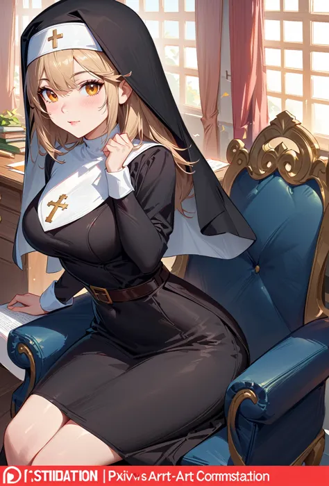 Cartoon nun character in black clothing sitting on a chair, [ 4k digital art ]!!, Nun attire, guweiz on pixiv artstation, guweiz...