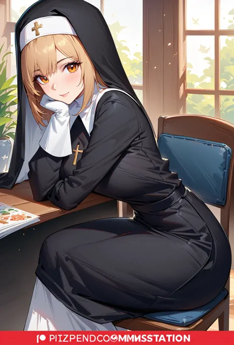 Cartoon nun character in black clothing sitting on a chair, [ 4k digital art ]!!, Nun attire, guweiz on pixiv artstation, guweiz...