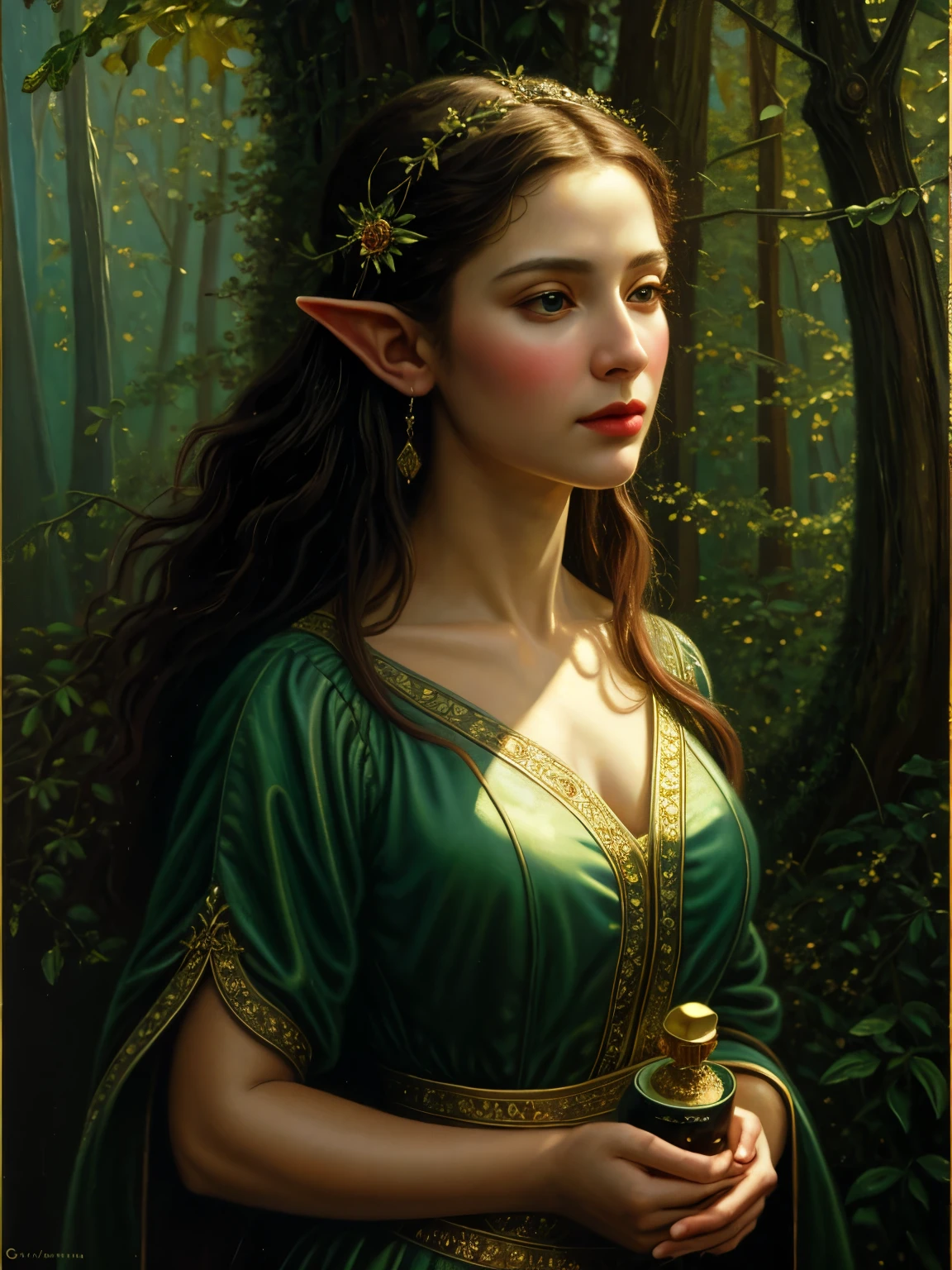 (masterpiece, best quality:1.2), (((oil painting:1.4))), 1girl, solo,  (masterpiece, ultra quality, high resolution, 8k, intricate: 1.2). female elf, looking at viewer, flowizng cloths and silver amor, the silent forested, mysterious, fantasy art, Donato Giancola, craig mullins, parth, masterful strokes legendary, high detail, masterpiece, detailed face, super detail, high details, high quality, award winning, best quality