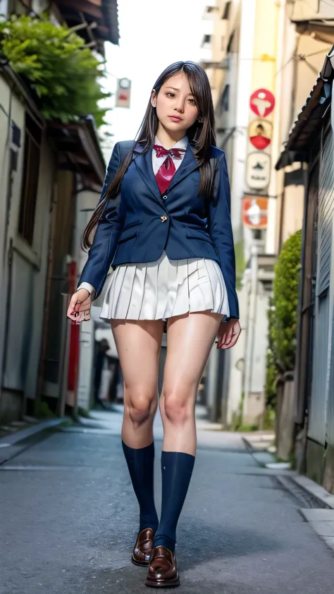 (High school girls walking on Tokyo street:1.2、blue sky)、((school uniform、blazer、Pleated skirt、Navy blue socks、loafers)、the wind...