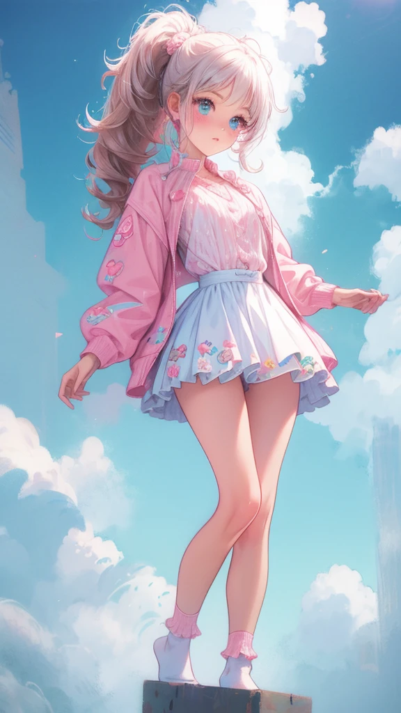 1girl, pink ponytail, half body, thighs socks, messy curly hair, multiple poses, detailed facial features, beautiful eyes, beautiful lips, delicate features, cinematic lighting, dramatic angles, ethereal, pastel colors, dreamlike, soft focus, digital art, masterpiece, cloudy weather, heterochromia, fluffy, standing