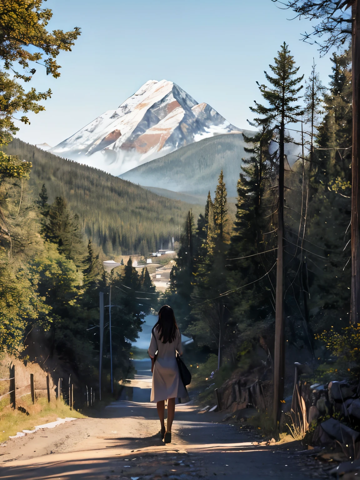 (Highest quality, masterpiece:1.2), Super detailed, Realistic:1.37, High resolution, Detailed Background, Majestic Mountain々Silhouette of a girl walking along a path stretching to the horizon, A person stretching in sunlight from a mountaintop, Beautiful scenery decorated with earth tones, A hopeful and inspiring atmosphere, A gentle and heartwarming portrayal, Delicate depiction of people and emphasis on landscapes.