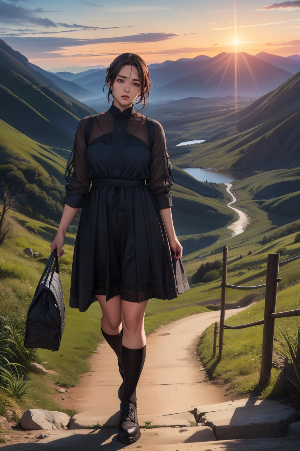 (Highest quality, masterpiece:1.2), Super detailed, Realistic:1.37, High resolution, Detailed Background, Majestic Mountain々Silhouette of a girl walking along a path stretching to the horizon, A person stretching in sunlight from a mountaintop, Beautiful scenery decorated with earth tones, A hopeful and inspiring atmosphere, A gentle and heartwarming portrayal, Delicate depiction of people and emphasis on landscapes.