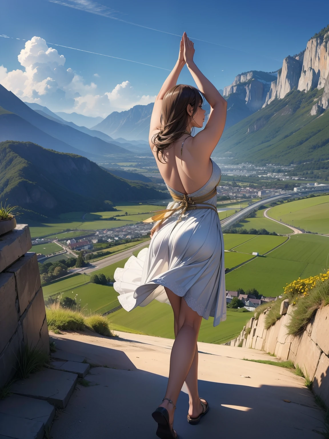 (Highest quality, masterpiece:1.2), Super detailed, Realistic:1.37, High resolution, Detailed Background, Majestic Mountain々Silhouette of a girl walking along a path stretching to the horizon, A person stretching in sunlight from a mountaintop, Beautiful scenery decorated with earth tones, A hopeful and inspiring atmosphere, A gentle and heartwarming portrayal, Delicate depiction of people and emphasis on landscapes.