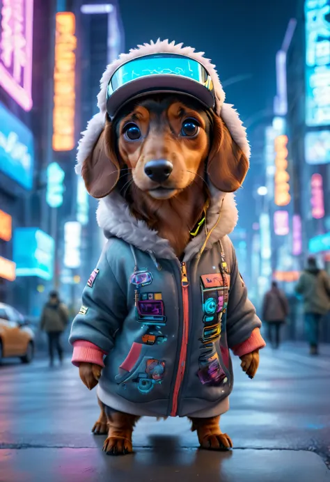 Cute brown dachshund with fluffy fur dressed in urban clothes, 1 hoodie, Futuristic visor hat, In a high-tech cityscape with neo...