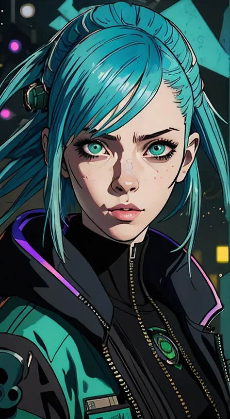 there is a woman with blue hair and a green jacket, hyper-realistic cyberpunk style, realistic art style, Retrato ciberpunk, 🤤 g...
