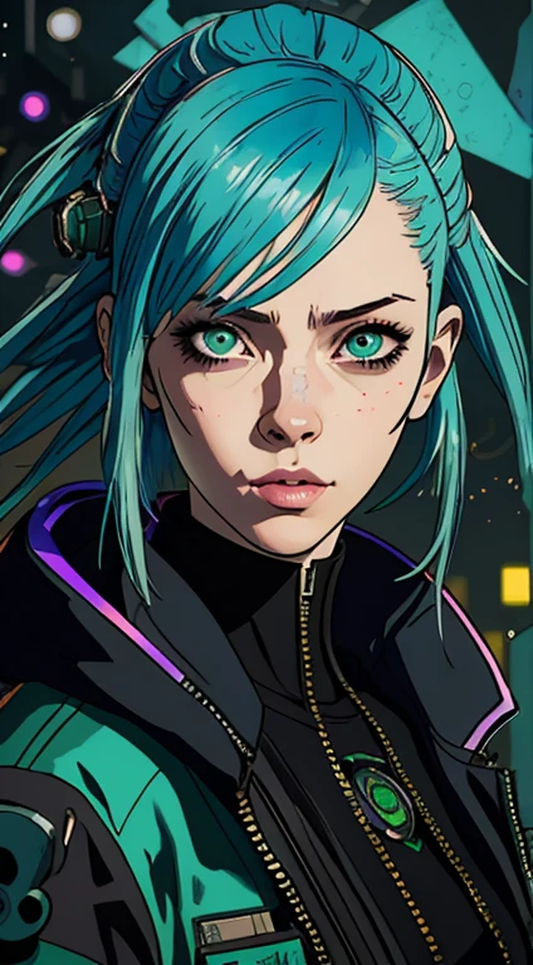 il y a une femme aux cheveux bleus et à la veste verte, hyper-realistic style cyberpunk, style artistique réaliste, portrait cyberpunk, 🤤 portrait de fille, style artistique cyberpunk, cyberpunk anime art numérique, Portrait par RossDraws, fille cyberpunk rêveuse, le portrait cyberpunk , portrait de la société cg, style cyberpunk ， hyper réaliste, Style artistique réaliste, photostyle artistique réaliste, rossdraws pastel vibrants