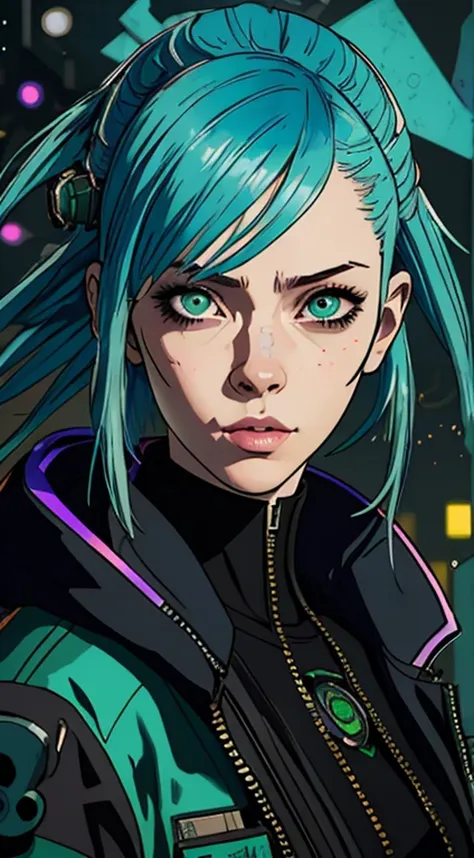 there is a woman with blue hair and a green jacket, hyper-realistic cyberpunk style, realistic art style, Retrato ciberpunk, 🤤 g...