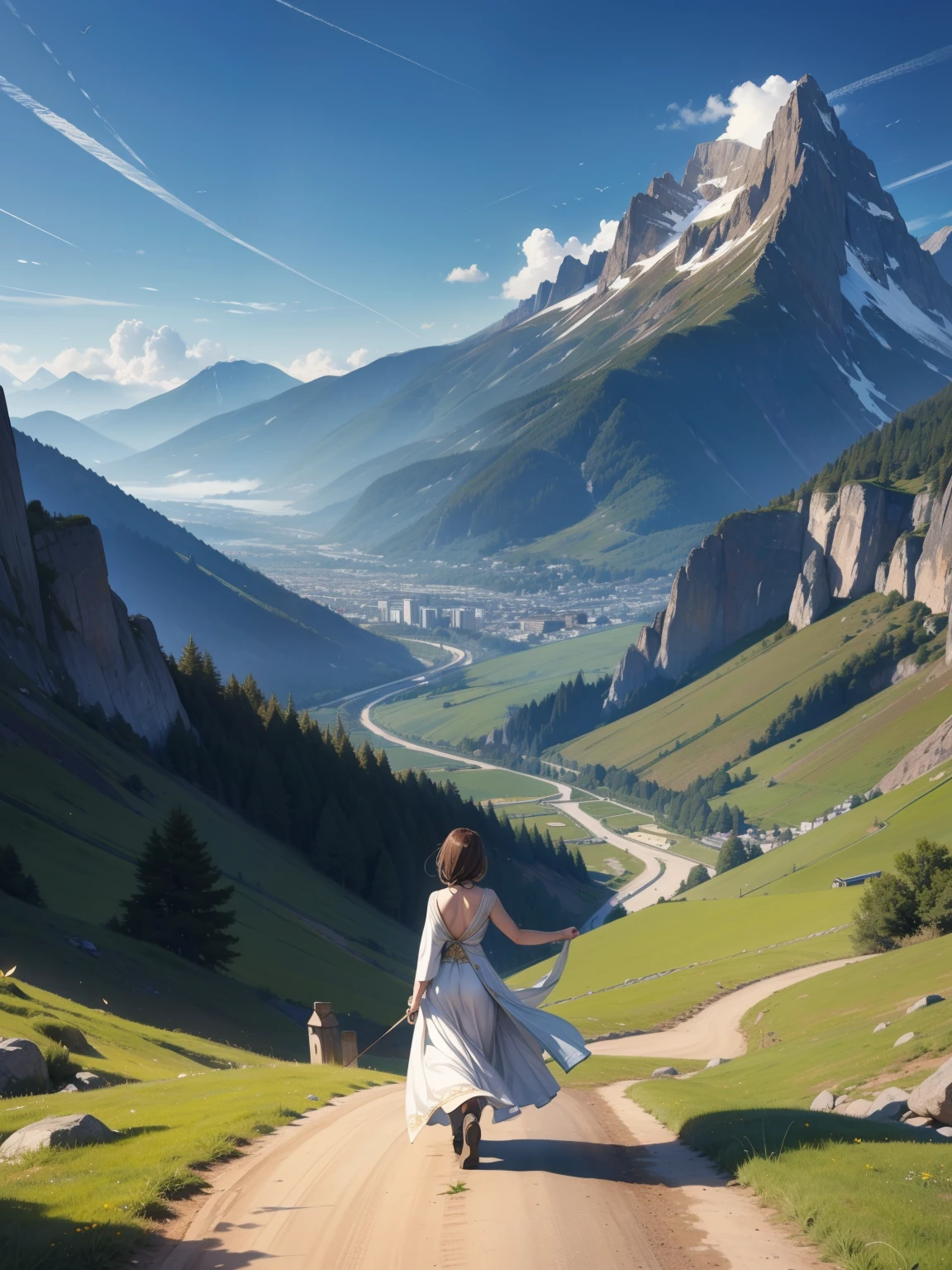 (Highest quality, masterpiece:1.2), Super detailed, Realistic:1.37, High resolution, Detailed Background, Majestic Mountain々Silhouette of a girl walking along a path stretching to the horizon, A person stretching in sunlight from a mountaintop, Beautiful scenery decorated with earth tones, A hopeful and inspiring atmosphere, A gentle and heartwarming portrayal, Delicate depiction of people and emphasis on landscapes.