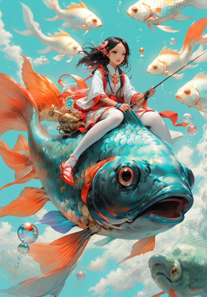 Aufsichtsvision, Ultra-Weitwinkel-Blasenwolkenhimmel,(Cyan-blauer Himmel:1.3)
Goldfish1girl Ein Mädchen, das auf einem großen Goldfisch reitet,  (weiße Strümpfe:1.5),Schmuck,Handschuhe,Pferdeschwanz, Angelschnur Angelrute
