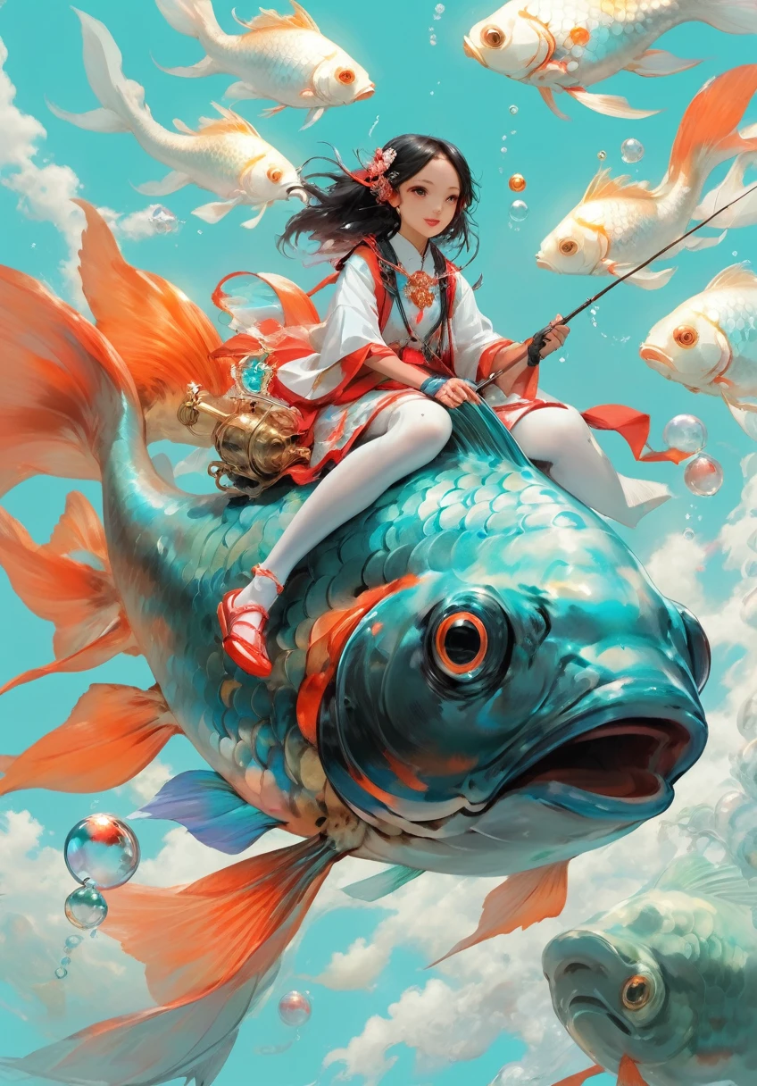 Super Vision, Ultra wide angle bubble cloud sky,(Cyan sky:1.3)
Goldfish1girl A girl riding a big goldfish,  (White stockings:1.5),Jewelry,Gloves,Ponytail, Fishing line fishing rod
