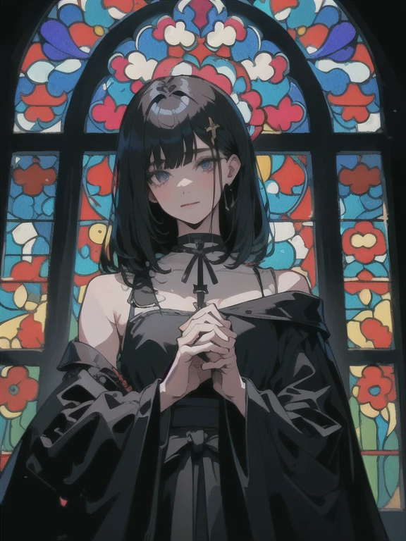 ((highest quallity)),Detailed Description,gorgeous face, blue left eye, red right eye, slickedback hair, hypdertailed, hair down to the shoulders, Gothic, caucasiano,renaissance church window background,black robe,Beautiful young man,Detailed facial representation,black monk clothes, hands crossed, crucifix in one hand 