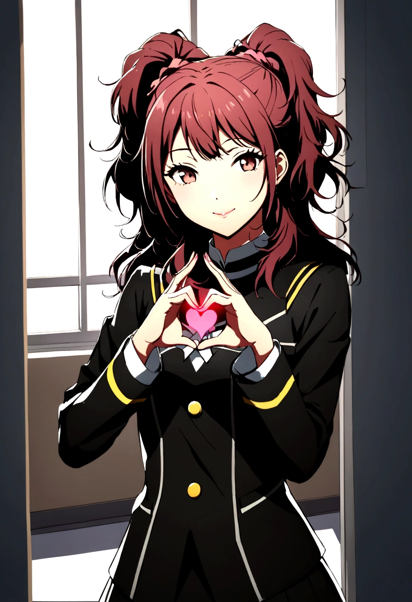 Rise Kujikawa, Yasogami uniform, school, sensual smile, making a heart shape with your hand