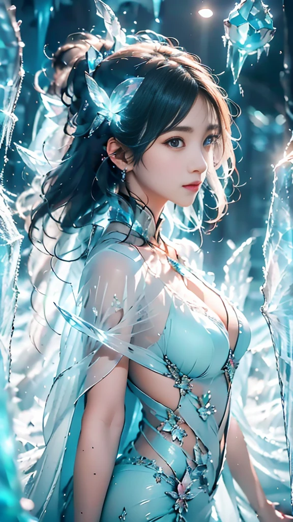 (((1 girl)))，dynamic poses，（Crystal dress：1.5），（magic circle：1.2），magic circle，blue concentric circles，ice crystals，concentric circles of frost，(((icicle)))，Ice mist，Ice particle effects，（Ice butterfly：1.2），Amazing results，,best quality,masterpiece,ultra high resolution,detailed，8K resolution,chiaroscuro，NVIDIA RTX