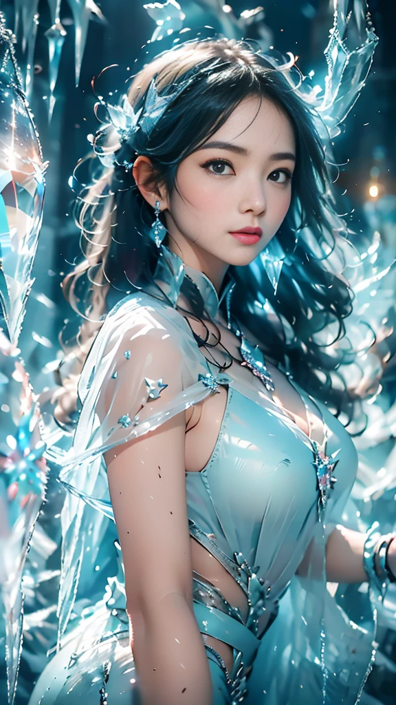 (((1 girl)))，dynamic poses，（Crystal dress：1.5），（magic circle：1.2），magic circle，blue concentric circles，ice crystals，concentric circles of frost，(((icicle)))，Ice mist，Ice particle effects，（Ice butterfly：1.2），Amazing results，,best quality,masterpiece,ultra high resolution,detailed，8K resolution,chiaroscuro，NVIDIA RTX