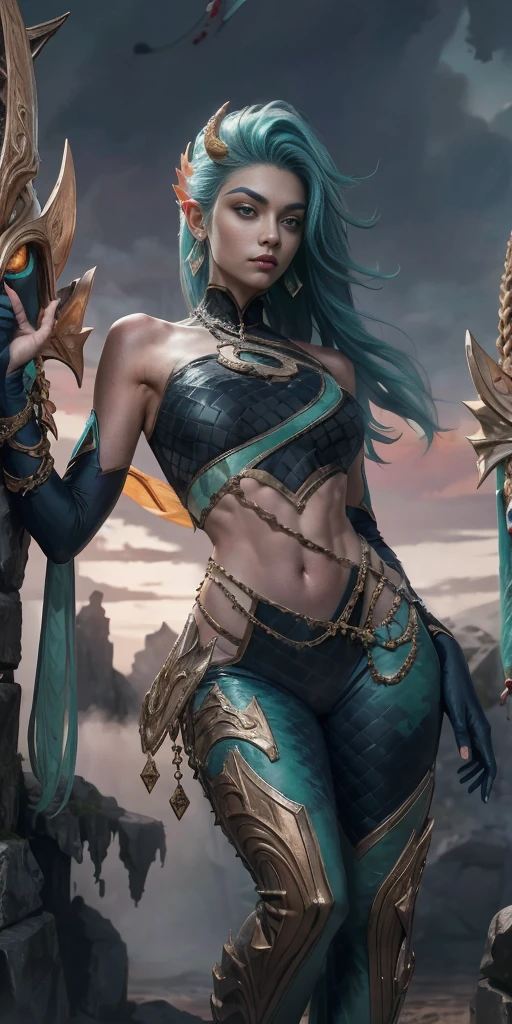 ((Tall girl reciting mantras)), peeking out from under his forehead, BREAK, (Fog in the background, chaos, destruction, Gold Chains, Blood and sand), (Slim_thights:1.3), ((big breastes)), slender_thights, aqua hair, 1girl, solo, (shapely body:1.4), generous cleavage, Skinny,  detailed anatomy, the perfect body, Detailed body, detailized face, Beautiful anatomical eyes. BREAK Kaisa Dragon Lagoon,  The BREAK is very detailed, Intricately detailed art, Artstation's Detailed Triadic Color Trend in Unreal Engine 5, 8K resolution, deviantart masterpiece.