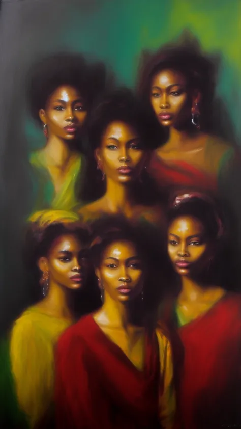 sureal abstract painting of the 3 african muses, oil on canvas