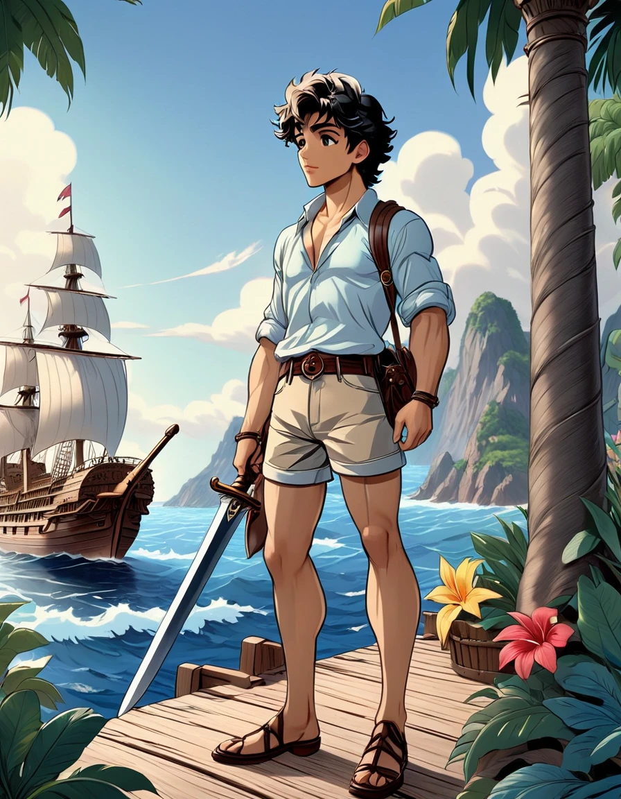 anime+hentai+yaoi style pastel color palette, symmetrical composition, ultra-detailed artistic style, oil painting, full body, perfect composition, perfect anatomy, wearing small shorts, dramatic, natural lighting, a beautiful young man, handsome, tall, perfect feet, Latino, muscles Detailed realistic, body symmetry, he is standing on the bow of a 17th century ship looking at the horizon holding a sword, in the background in the sea several tropical islands and a multicolored backpack on the ground
