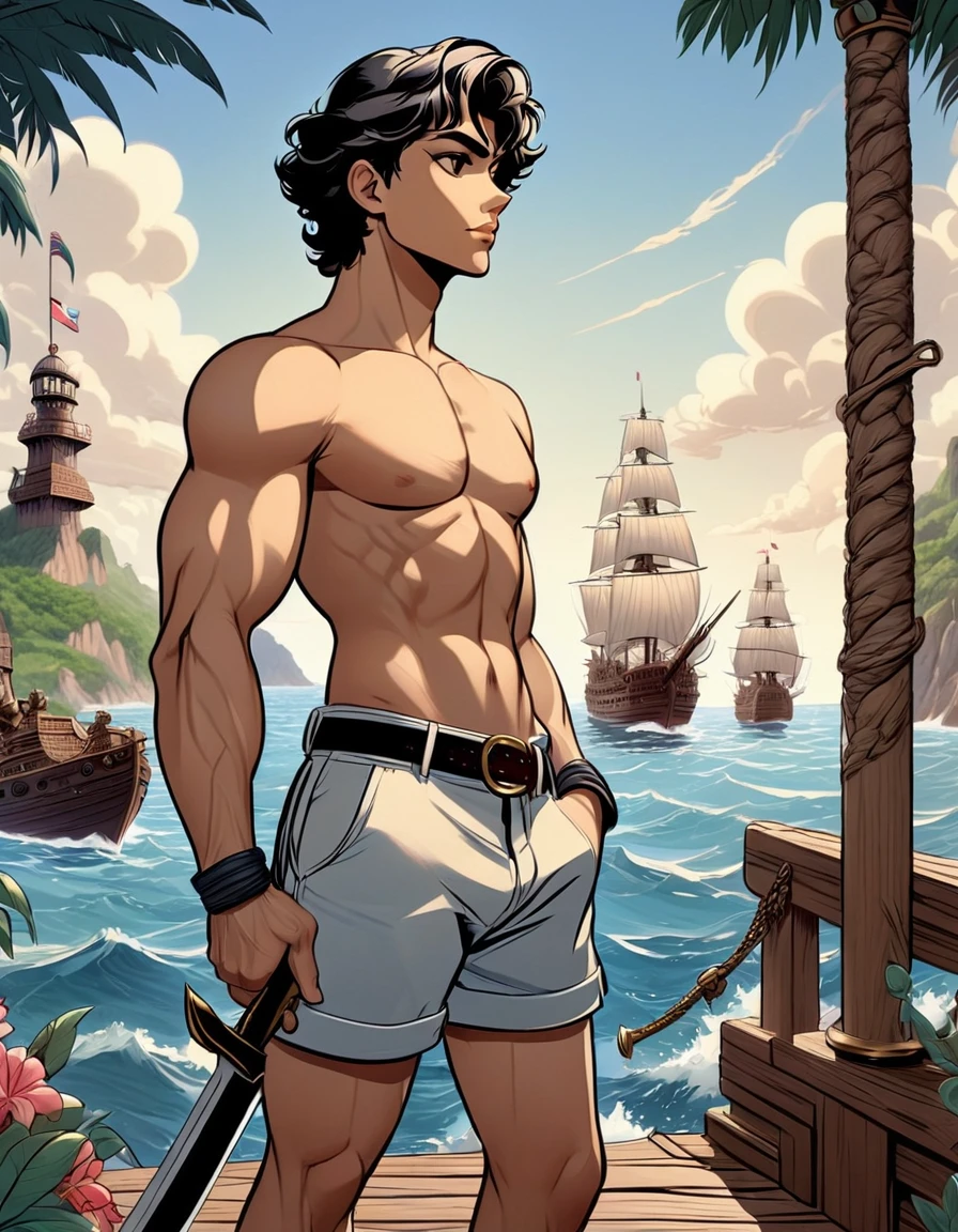 anime+hentai+yaoi style pastel color palette, symmetrical composition, ultra-detailed artistic style, oil painting, full body, perfect composition, perfect anatomy, wearing small shorts, dramatic, natural lighting, a beautiful young man, handsome, tall, perfect feet, Latino, muscles Detailed realistic, body symmetry, he is standing on the bow of a 17th century ship looking at the horizon holding a sword, in the background in the sea several tropical islands and a multicolored backpack on the ground
