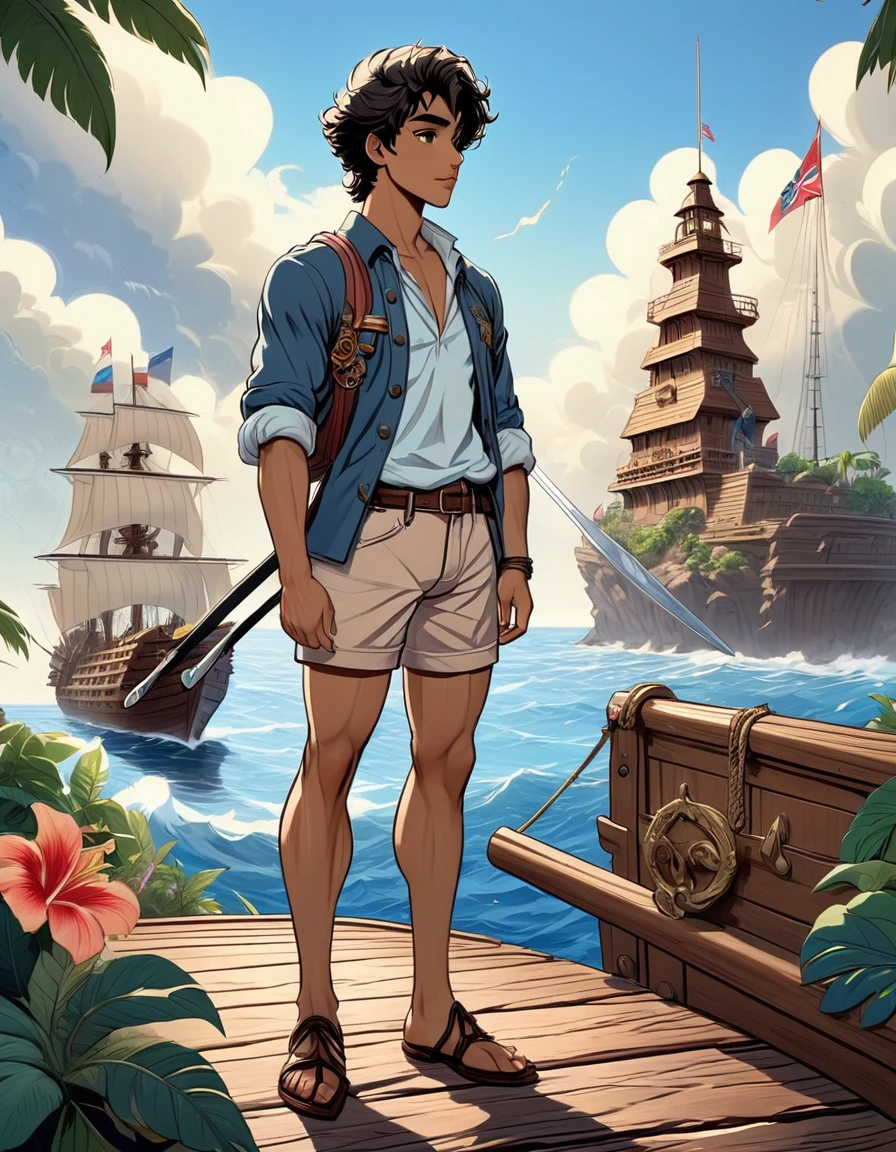 anime+hentai+yaoi style pastel color palette, symmetrical composition, ultra-detailed artistic style, oil painting, full body, perfect composition, perfect anatomy, wearing small shorts, dramatic, natural lighting, a beautiful young man, handsome, tall, perfect feet, Latino, muscles Detailed realistic, body symmetry, he is standing on the bow of a 17th century ship looking at the horizon holding a sword, in the background in the sea several tropical islands and a multicolored backpack on the ground
