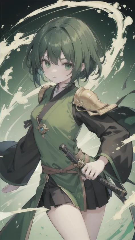 green black hair，dark green eyes，green hanfu and black armor，turtle