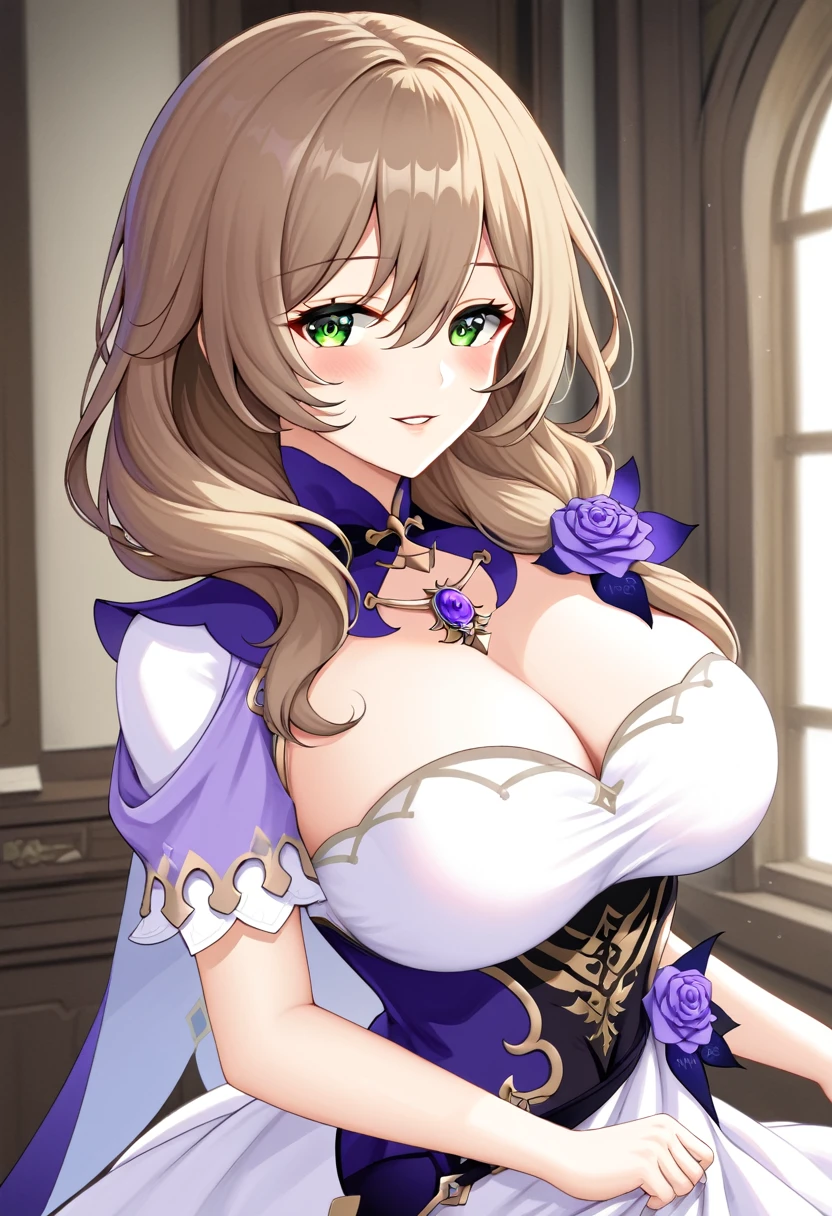 lisa (genshin impact), 1girl, solo, long hair, breasts, looking at viewer, blush, smile, bangs, large breasts, brown hair, hair ornament, dress, hair between eyes, green eyes, flower, short sleeves, parted lips, hair flower, white dress, rose, purple flower