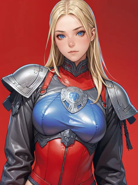 1 girl, viking, hair blonde, blue colored eyes, leather armour, gray clothes, Red clothing, Dark clothes, noble lady, burglar, f...