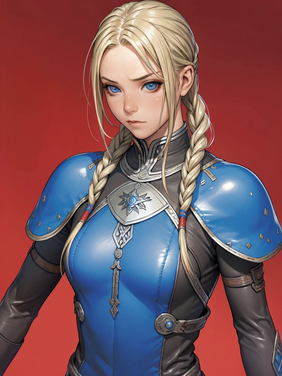 1 girl, viking, blonde hair with two braids, blue colored eyes, leather armour, gray clothes, Red clothing, Dark clothes, noble lady, burglar, fancy, short clothing, warrioress, espada viking