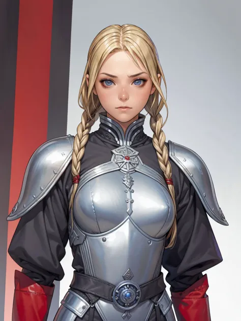 1 girl, viking, blonde hair with two braids, blue colored eyes, leather armour, gray clothes, Red clothing, Dark clothes, noble ...
