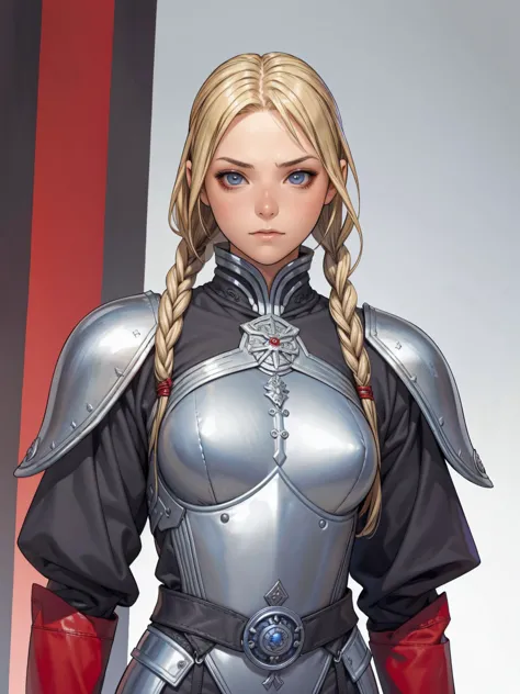 1 girl, viking, blonde hair with two braids, blue colored eyes, leather armour, gray clothes, red clothing, dark clothes, noble ...