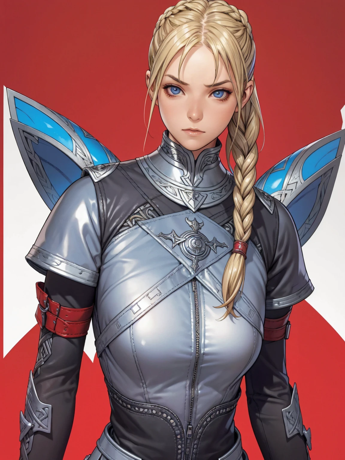 1 girl, viking, blonde hair with two braids, blue colored eyes, leather armour, gray clothes, Red clothing, Dark clothes, noble lady, burglar, fancy, short clothing, warrioress, espada viking