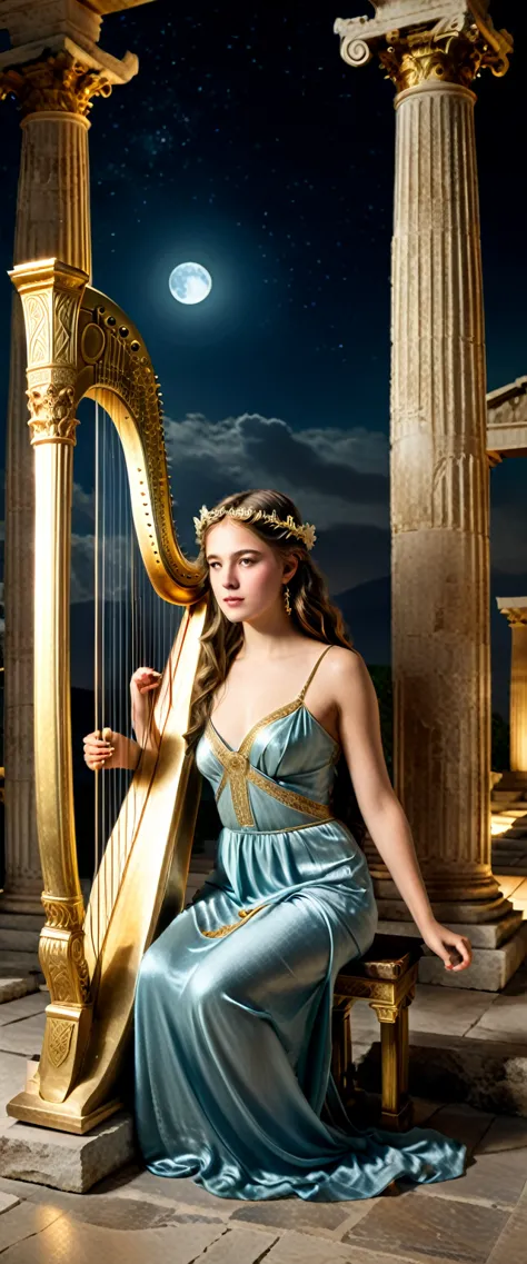 a young priestess, sitting, she places a harp larger than herself in front of him and plays it, playing a large lyre, ancient gr...